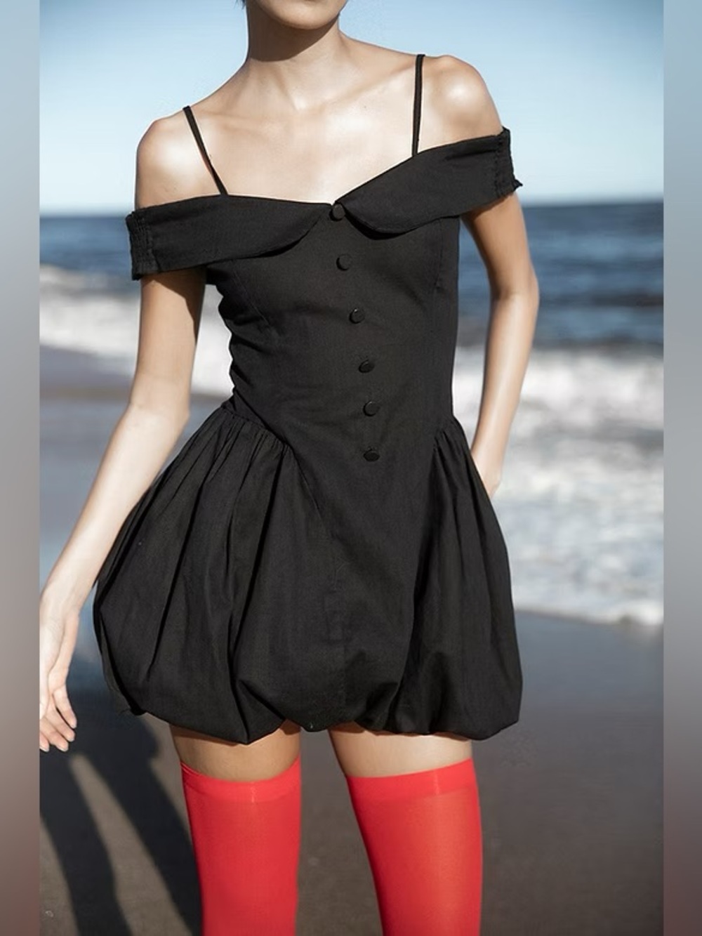 Tach Clothing Cecile Inverted Bubble Hem Mini Dress Size Medium in Black NWT